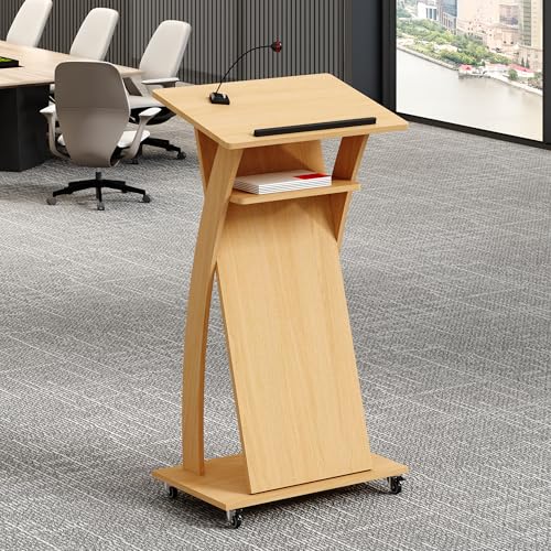 Xibolai Oak Mobile Wooden Podium Stand with Wheels Lectern – 16mm Wood Board