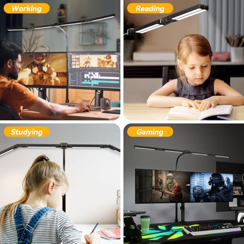 Black Adjustable LED Desk Lamp with Clamp & Remote - Wide 4-Head, Eye-Caring