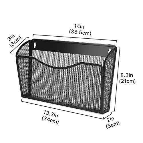 Flexzion Wall Folder File Letter Pocket Holder (6 Pack) Metal Mesh Desk Hanging Basket Box Bin Mail A4 Size Paper Document Organizer, Storage Rack Single Slot Wall Mount for Office School Home - Black
