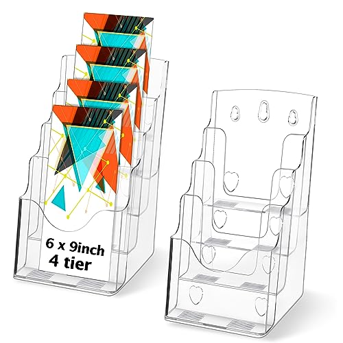 Crtiin 2 Pack 4 Tier Acrylic Brochure Holder Display Stand 6 x 9 Inch, Pamphlet Organizer Flyer Literature Clear Plastic Wall Mount Countertop for Classroom Booklets Magazines Office Home
