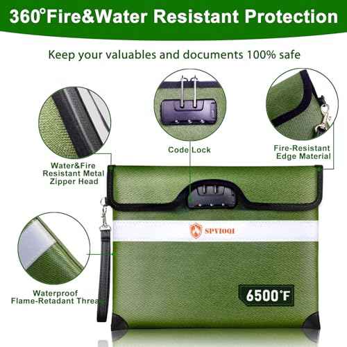 Upgraded 6500¡ÆF Fireproof Document Bag with Lock, Fireproof Money Bag for Cash w. Zipper/Reflective Strip, 10Layers of Heat Insulated Materials, Water Resistant Fireproof Bag for Documents, Fire Bag