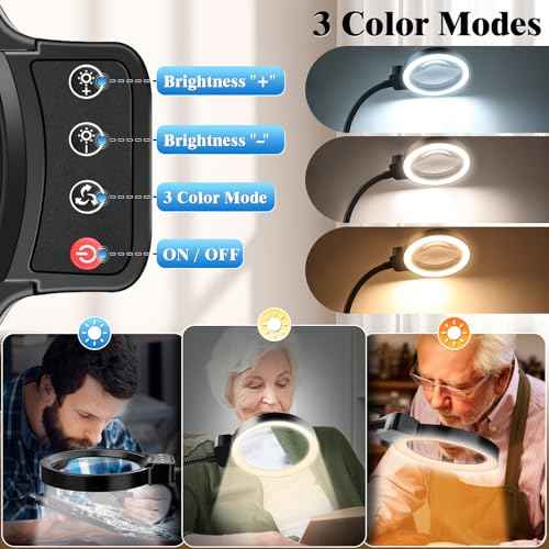 10X 30X Magnifying Glass with Light and Stand, 72 LED 3 Color Modes Stepless Dimmable, Hands Free Lighted Magnifier Desk Lamp for Close Work Craft Hobby Painting Sewing Jewelry Reading (Black)