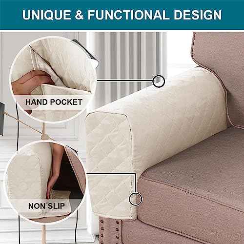 Turquoize 2 Pack Waterproof Armrest Covers for Chairs and Sofas - Couch Arm Covers with Side Pocket Anti-Slip Furniture Protector Washable Armrest Slipcovers, Ivory
