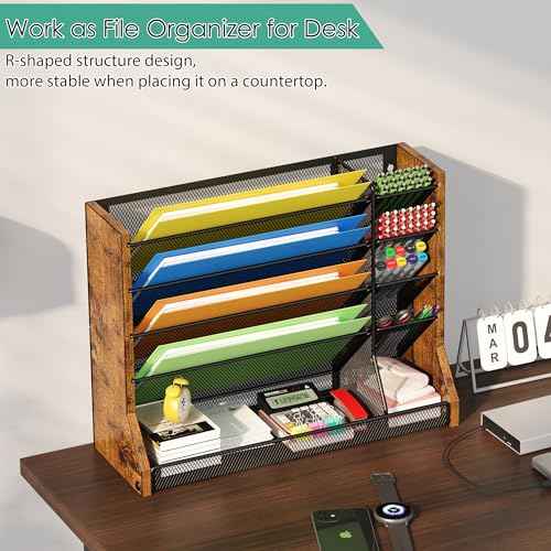 Wall Desk File Organizer 5 Tiers, Ironwood Hanging File Organizer with R-shaped Tray, Wall File Holder for Office Home, 4 Pull-Out Divider and Pen Slots to Sort File,Mail,Newspaper,Pen, Brown