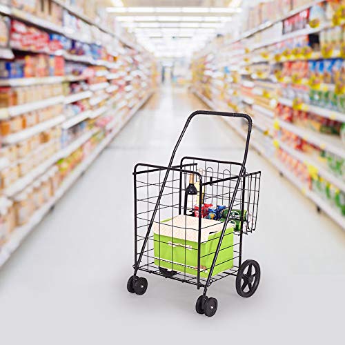 Black Folding Shopping Cart, WATERJOY Mobile Fold Shop Basket with Dual Swivel Wheels Portable Rolling Trolley Push Cart