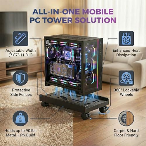 COOLOUS Adjustable Mobile CPU Stand with 4 Casters - Ventilated Under-Desk PC Holder