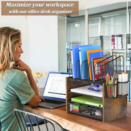 4-Tier Mesh Desk Organizer, Wooden Desk File Organizer with 5 Vertical File Holders and 2 Pen Holders, Desktop Organizers and Accessories with Drawer for Home Office