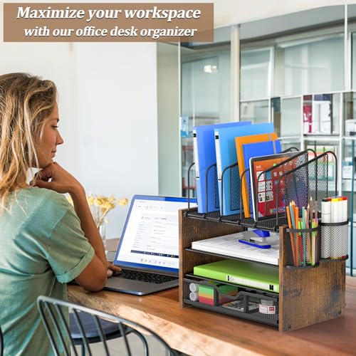 DAOUTIME 4-Tier Mesh Desk Organizer with Drawer and Wooden Finish for Home Office