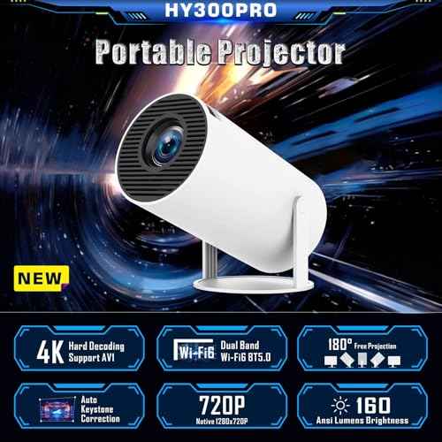 HY300 Pro Mini Projector, Portable, 180 Degree, 4K 1080P, Dual-Band WiFi 6 5G, Bluetooth 5.0, Android 11, 130 Inch Display, For Phone/PC/Laptop/PS5/Stick, 4K Home Cinema Projector, HDMI (HY300 PRO)