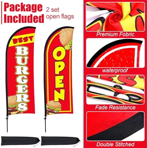 Buryeah 2 Sets Burgers Open Feather Flag for Business Advertising 8 ft Feather Flag Sign with Flagpole Ground Stake Portable Bag Burgers Banner for Outside (Red)