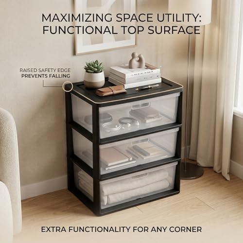 Black Wide 3-Drawer Storage Tower with Removable Clear Bins, Tool-Free Assembly