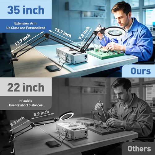 HITTI 12X Extra Long Magnifying Glass with Light, Upgrade Infinite Color and Brightness LED Desk Lamp with Clamp, Hands Free 3 Section Magnifier Light and Stand for Workbench Crafts Reading Painting