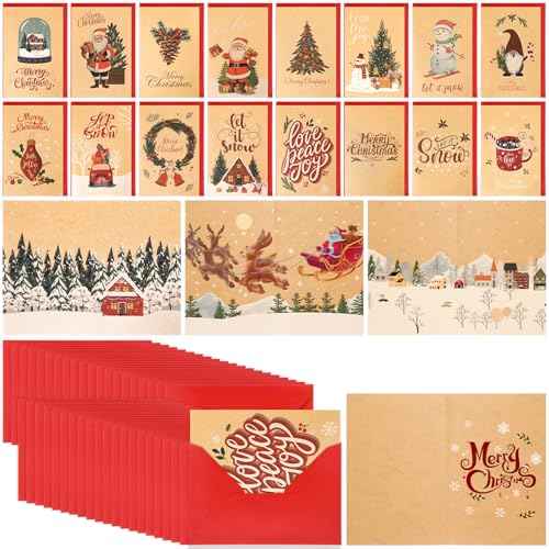 Crtiin 300 Set Christmas Cards Bulk Greeting Card with Red Envelopes Assortment Xmas Notes for Holiday Christmas Party Favor Supplies(Vintage)