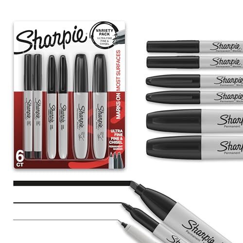 Sharpie Permanent Markers Variety Pack Black 6 Count with Fine, Ultra-Fine & Chisel Tips - Office & School Supplies