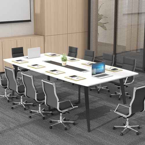 Loomie 8FT Conference Table, 94.49" L x 47.24" W x 29.53" H Meeting Seminar Table with Grommet, Large Boat Shaped Computer Desk, Boardroom Desk for Office Meeting Conference Room,White