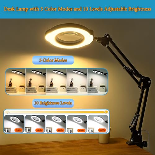 15X Magnifying Glass Desk Lamp with Metal Base, 5 Color Modes 10 Levels Adjustable Brightness, 360¡Æ Rotatable Flexible Aluminum Arms ? Ideal for Reading, Crafting, Close Work, Eye-Caring Table Lamp