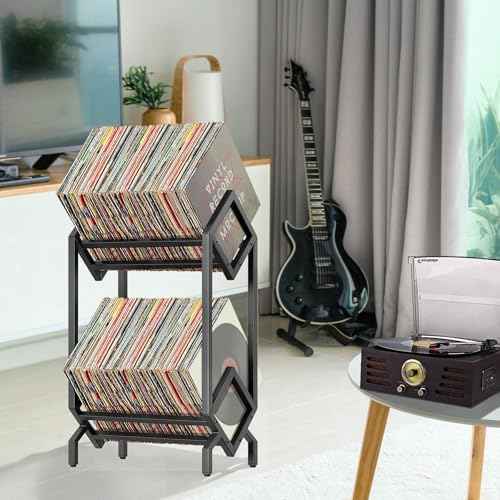 2-Tier Vinyl Record Storage Rack Display Stand Storage Shelf, 160-200 LP, Metal Matte Black VINYL Record Holder,Magazine Display,Book Organizer,2 Tier,Quick Assembly,