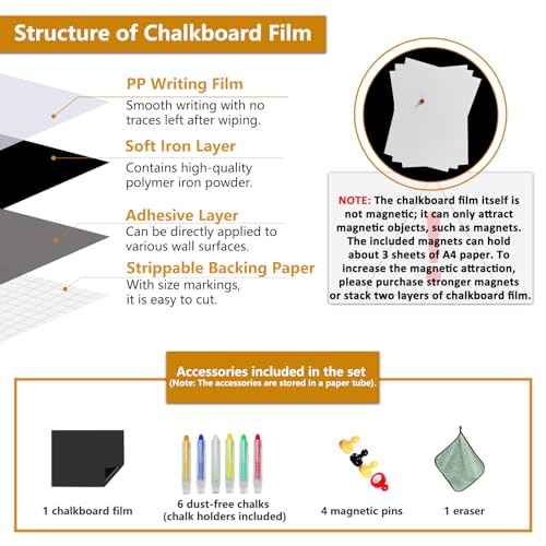 Magnetic Chalkboard Contact Paper with Adhesive, 47" x 23" Magnetic Blackboard Film for Walls, Peel and Stick ? Ideal for Office, Classroom, Home. Includes Dustless Chalk, Wiping Cloth, and Magnet