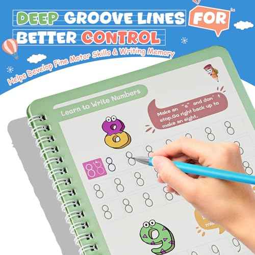 Magic Grooved Writing Books for Kids-Handwriting Practice for Kids 5-8 - Tracing Books for Kids Ages 3-5 - Preschool, Kindergarten Learning-Letters, Numbers, Math, Drawing (Blue Box, 9.45 in x 6.5 in)