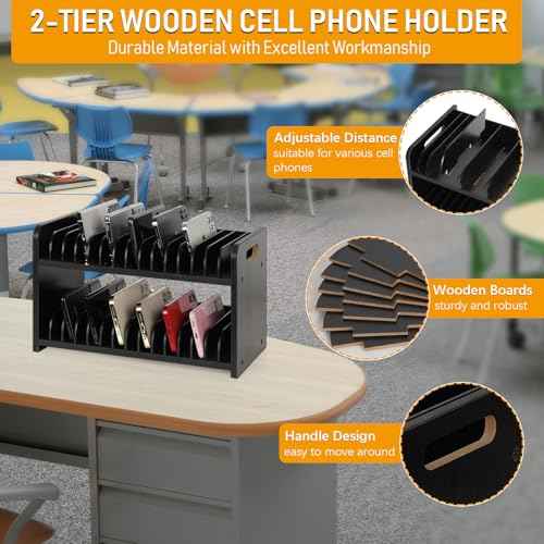 Cell Phone Storage Classroom Cell Phone Holder Adjustable Wooden Multiple Rack Caddy Organizer Box for Classroom Office Desktop with 1-30 Number Stickers (30-Grid) (Black)