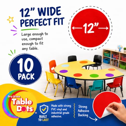 10 Pack Large 12-Inch Classroom Dry Erase Table Dots in 5 Bright Colors – Removable Whiteboard Stickers for Teachers