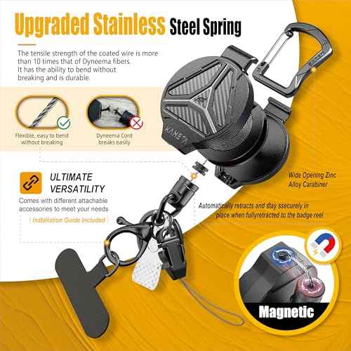 2 Pack Retractable Keychain Heavy Duty Carabiner Badge Holder Clip with Magnetic,Tactical Id Badge Reel with 32'' Steel Cord,Key Ring,Lobster Claw Clasp and Phone Tethers