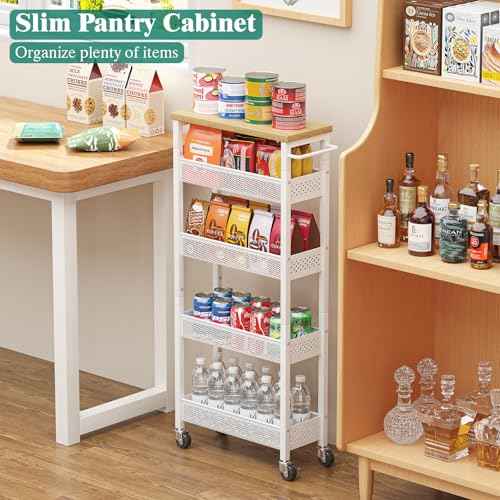 Giwil Slim Storage Cart 5 Tier Narrow Kitchen Rolling Cart on Wheels for Small Space, Metal Utility Cart Narrow Bathroom Storage Cabinet Mobile Shelf Unit Organizer with Wood Top and Handle, White