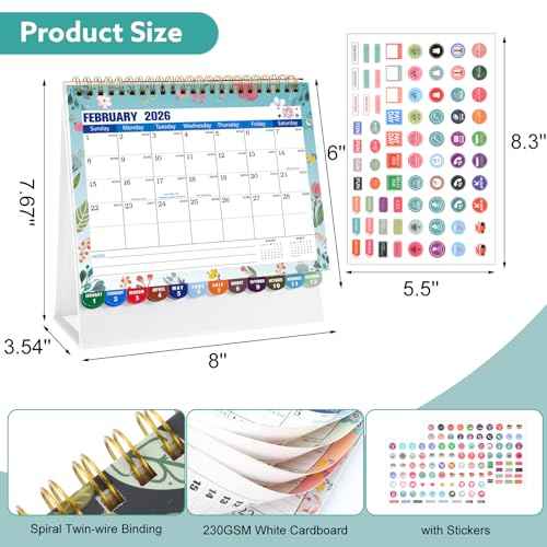 Mini Desk Calendar 2026-2027 with Stickers, 18 Months Standing Flip Small Desk Calendar 8" x 6" Runs from January Until July 2027 Mini Desktop Calendar Home Office Organisers, Flower Design