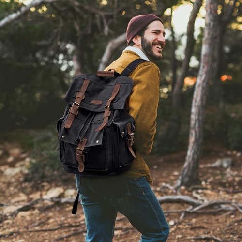 Kattee Men¡¯s Leather Canvas Backpack Large School Bag Travel Rucksack Black