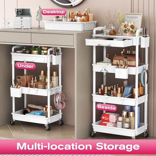 Goovilla Rolling Makeup Organizer Cart with Removable Drawer - White, 3-Tier