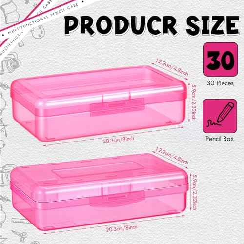 Patelai 30 Pcs Large Capacity Pencil Case Bulk Clear Hard Plastic Pencil Box Organizer with Snap Tight Lid Stackable Crayon Storage Box for Kids School Classroom Home Office 2 Style (Pink)