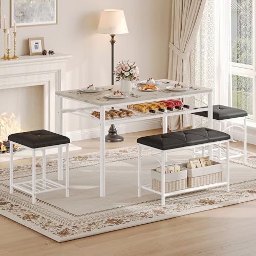 Garvee White Dining Table Set for 4 with Upholstered Bench, 2 Stools + Storage Rack