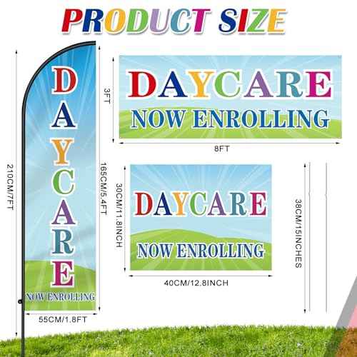 5 Set Daycare Now Enrollling Sign Include 3 Daycare Yard Sign with Stake 7 ft Feather Advertising Flag with Pole 8 x 11 ft Banner for Business Promotion