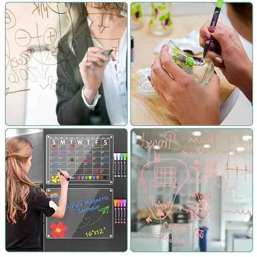Magnetic Wet Erase Markers, Liquid Chalk Markers Ultra Fine Tip for Acrylic Calendar, Whiteboard Marker with Erasers Cap for Planning Board, Clear Glass, Low Odor Fine Tip Wet Wipe Pens, 8 Pack