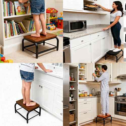 Heavy Duty Step Stool 500 lbs - Small Step Stool Wood, Dual Anti-Slip Metal Frame, Cute Sturdy Senior/Kids Stool for Kitchen/Bedside/Bathroom (Black, One-Step)