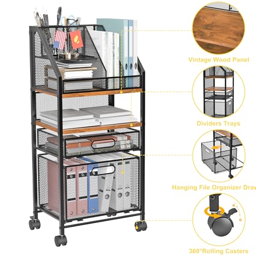 Rolling File Cart with 2 Storage Drawers Multipurpose Book Letter Organizer Carts with Lockable Wheels Wood&Mesh Rolling File Organizer Space-Saving Cart for Office Supplies
