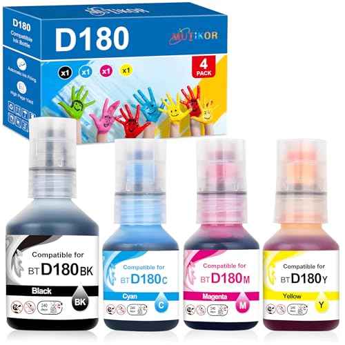 D180 Ink Refill Bottles Value Pack Replacement for Brother D180 BTD180BK BTD180CLVAL Ink Bottles Compatible for Brother DCP-T580DW DCP-T583DW DCP-T780DW Printers 4 Pack (BK CMY)