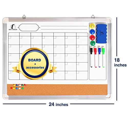 Whiteboard Calendar Dry Erase for Wall - 24 x 18 in White Board Planner Monthly Magnetic with 1 Eraser, 4 Dry Wipe Markers, 4 Magnets and 10 Thumb Tacks - Wall Hanging Marker Board Month Calendar
