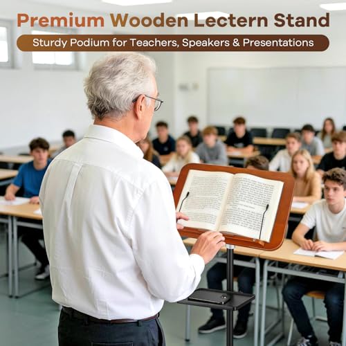 Adjustable Lectern Podium Stand with Wooden Panel and Storage Tray