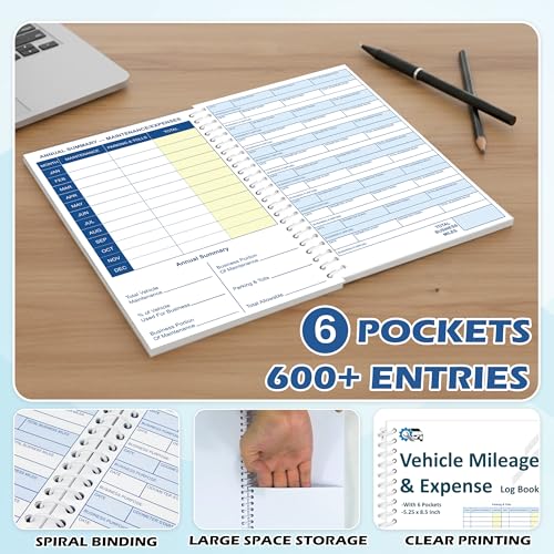 GLDTPOZK Auto Mileage & Expense Journal 60 Pages, 6 Pockets, 600+ Entries 5.25 x 8.5 – Vehicle Log Book