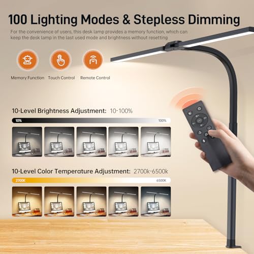 LED Desk Lamp for Home Office, Eye-Caring Desk Light with Clamp, 24W Double Head Architect Task Lamp Stepless Dimming, Flexible Gooseneck Bright Table Lamp for Study Reading Workbench Drafting