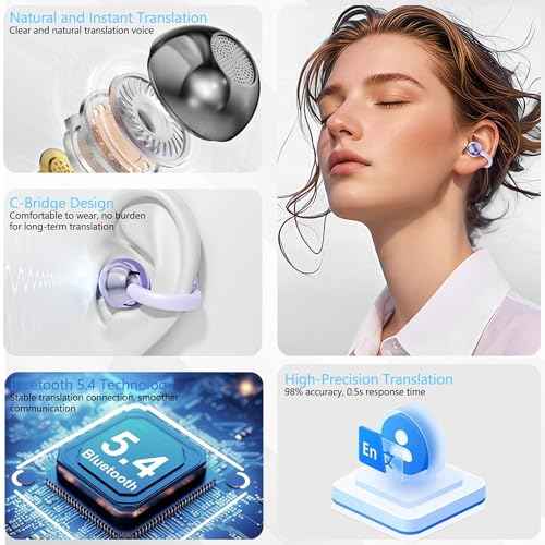 AI Translation Earbuds Real Time, 3-in-1 Language Translator Earbuds with 144 Languages/4 Translation Modes, 32H Audifonos Traductores Ingl?s Espa?ol, No Subscription Free (Purple)