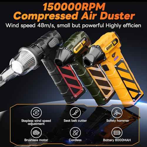 XAP Multi-Purpose Electric Compressed Air Duster & Mini Vacuum - 130,000 RPM Cordless Air Blower with Seatbelt Cutter & Window Breaker, 8000mAh Rechargeable Violent Turbo Fan, Ideal for Office/PC/Car