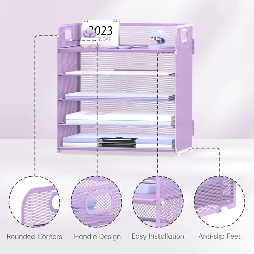 Supeasy 5 Trays Paper Organizer Letter Tray with Handle-Mesh Desk File Organizer, Paper Sorter Desk Organizer for Office, Home or School