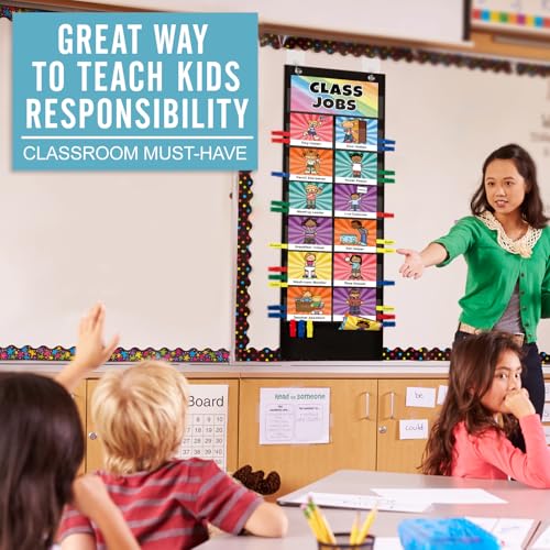 SCHOLOX Black Classroom Jobs Pocket Chart with 47 Cards, Classroom Management Tool