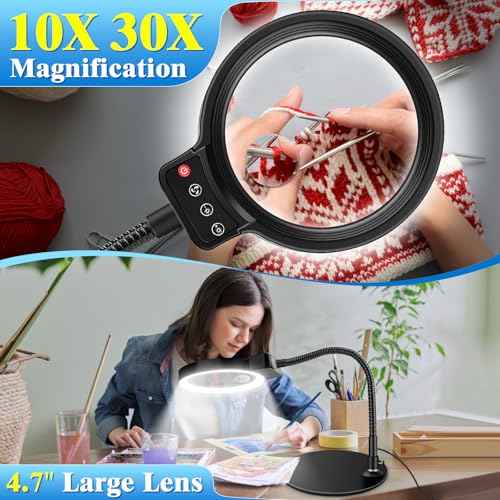 10X 30X Magnifying Glass with Light and Stand, 72 LED 3 Color Modes Stepless Dimmable, Hands Free Lighted Magnifier Desk Lamp for Close Work Craft Hobby Painting Sewing Jewelry Reading (Black)