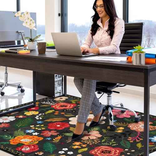Office Chair Mat for Hardwood & Tile Floor,Boho Floral 60"x48" Office Computer Chair Mat for Rolling Chairs,Under Desk Non Slip Gaming Rug,Rubber Backing Large Low-Pile Carpet Protector Mat(Black)