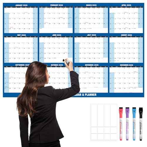 32" x 48" 2026 Wall Calendar Large Dry Erase Calendar for Wall Erasable Laminated 12 Month Wall Planner Yearly Annual Calendar Reversible Horizontal/Vertical Office Classroom Home Blue
