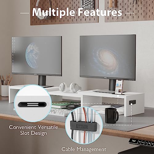 BONTEC White Dual Monitor Stand Riser, Adjustable 42.5 In Length, Swivel & Storage