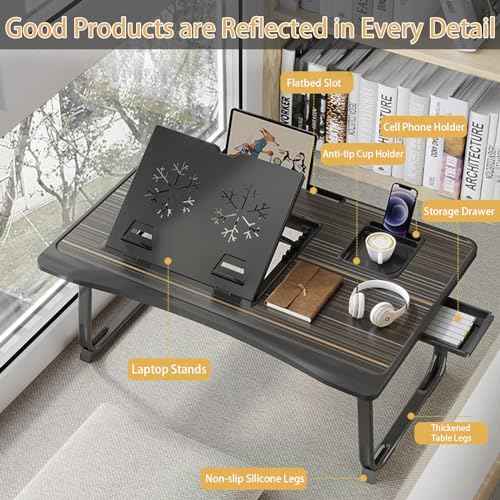 Laptop Desk for Bed, Adjustable Laptops Stand with 6 Different Angles, Portable Lap Tray Table with Storage Drawer and Cup Holder, Laptop Bed Desk Tray for Eating Working Writing Reading (Black)